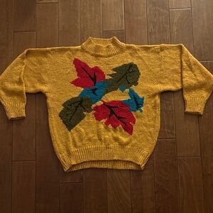 Vintage Mustard Yellow Floral Intarsia Turtleneck Sweater